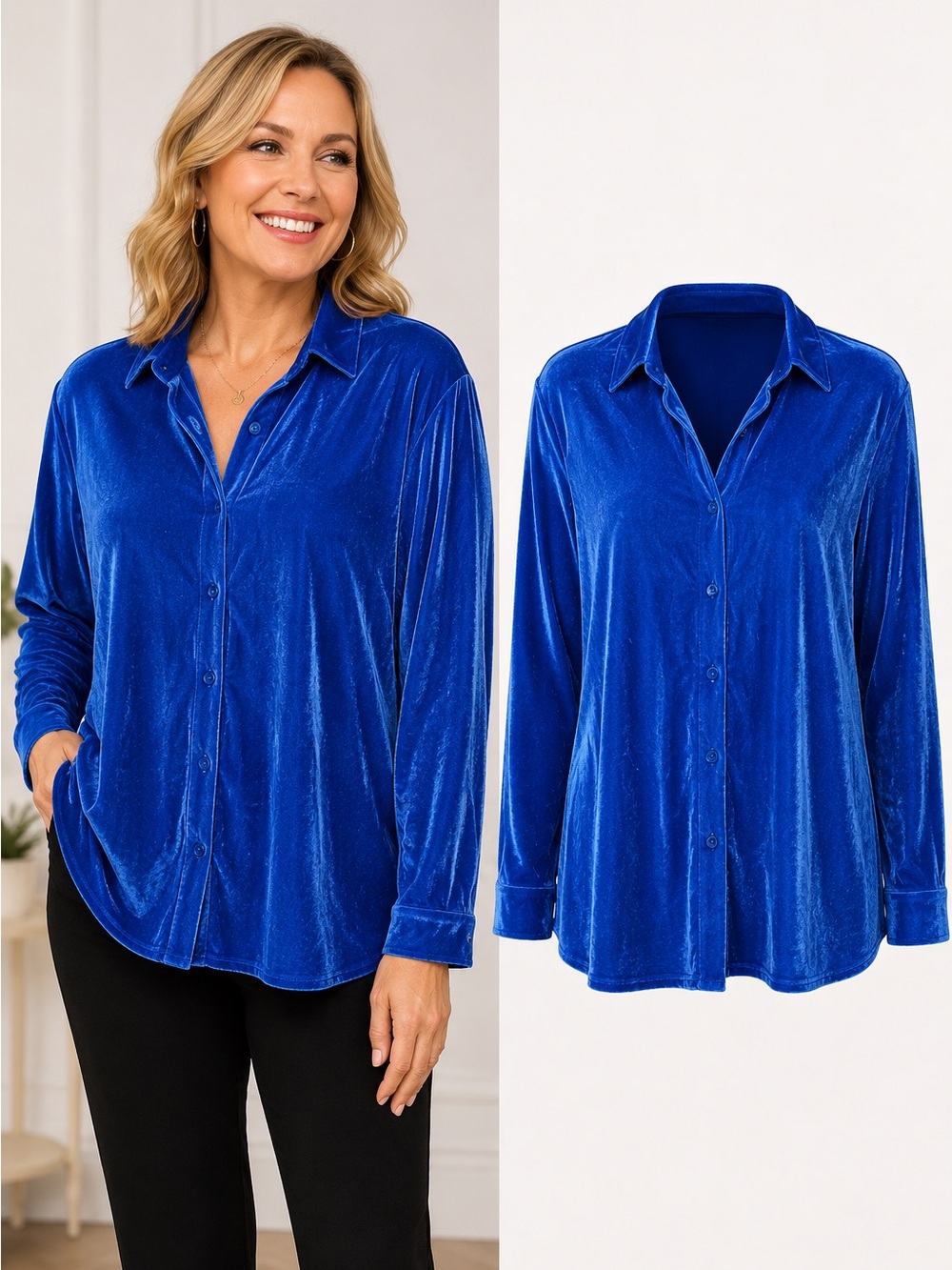 Soft Surroundings | Velvet Shimmer Button Front Blouse Top Blue | 2X | Stretch - Picture 1 of 6